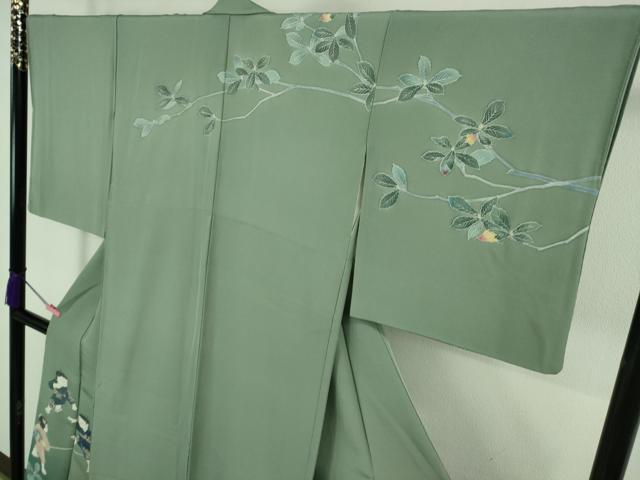 平和屋着物●極上 十日町友禅作家 関口遼一 訪問着 手描き 童子遊び 錆青磁色地 暈し染め 逸品 DZAB2137kh6