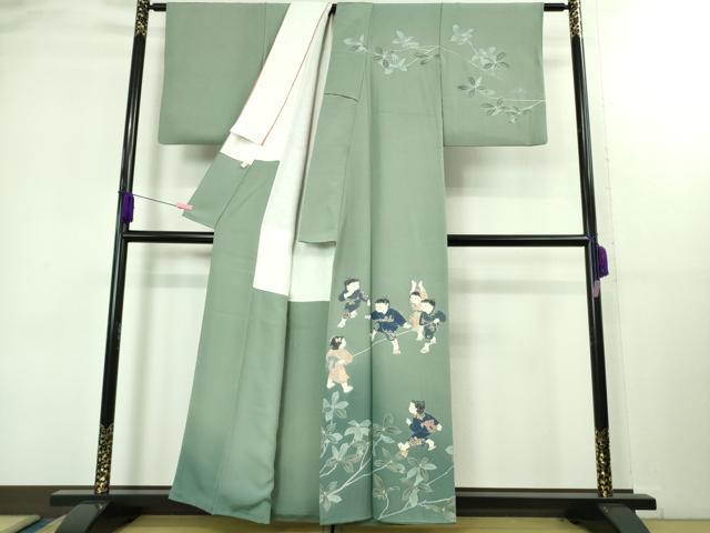 平和屋着物●極上 十日町友禅作家 関口遼一 訪問着 手描き 童子遊び 錆青磁色地 暈し染め 逸品 DZAB2137kh6