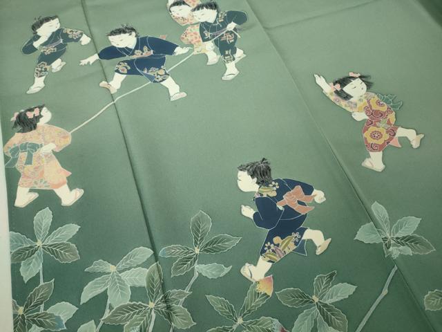 平和屋着物●極上 十日町友禅作家 関口遼一 訪問着 手描き 童子遊び 錆青磁色地 暈し染め 逸品 DZAB2137kh6