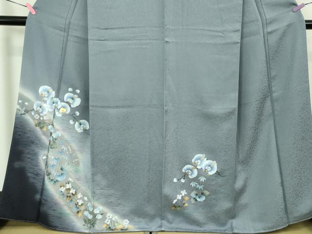 平和屋着物●極上 訪問着 螺鈿 胡蝶蘭 草花文 青藤色地 暈し染め 金銀彩 健勝苑扱い 逸品 未使用 DZAB2151kh6