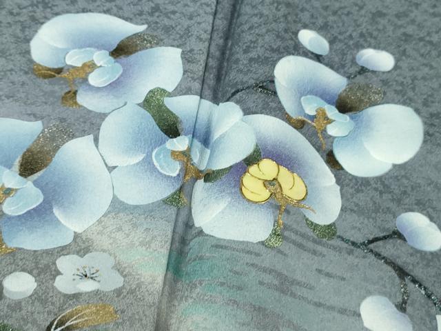平和屋着物●極上 訪問着 螺鈿 胡蝶蘭 草花文 青藤色地 暈し染め 金銀彩 健勝苑扱い 逸品 未使用 DZAB2151kh6