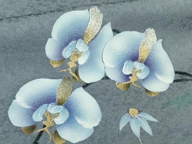 平和屋着物●極上 訪問着 螺鈿 胡蝶蘭 草花文 青藤色地 暈し染め 金銀彩 健勝苑扱い 逸品 未使用 DZAB2151kh6
