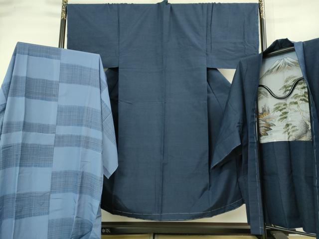 平和屋着物■極上 男性 紬 アンサンブル キングサイズ 長襦袢(無双仕立て)・長羽織 濃い青藍色 逸品 未使用 DZAB2156kh6
