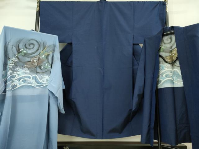 平和屋着物■極上 男性 薩摩結城 アンサンブル 長襦袢(無双仕立て)・長羽織セット 羽裏・龍 鉄紺色 逸品 DZAB2160kh6