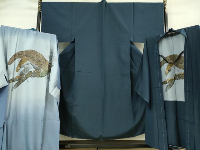 平和屋着物■極上 男性 紬 アンサンブル 長襦袢(袷)・長羽織セット 濃い青褐色 羽裏・鷹 逸品 未使用 DZAB2162kh6
