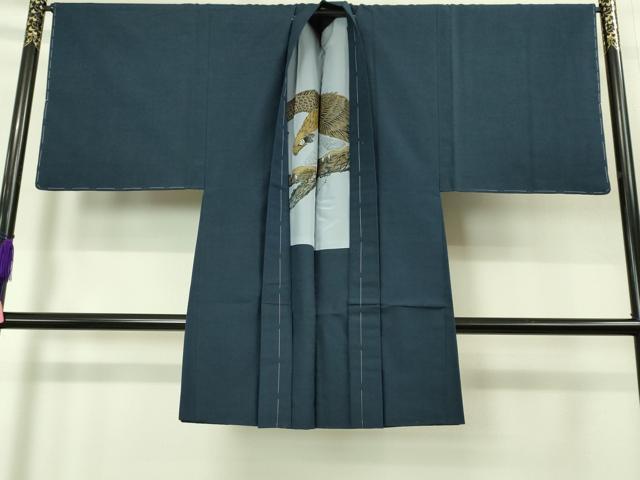 平和屋着物■極上 男性 紬 アンサンブル 長襦袢(袷)・長羽織セット 濃い青褐色 羽裏・鷹 逸品 未使用 DZAB2162kh6
