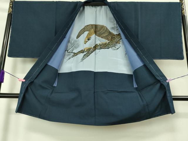 平和屋着物■極上 男性 紬 アンサンブル 長襦袢(袷)・長羽織セット 濃い青褐色 羽裏・鷹 逸品 未使用 DZAB2162kh6