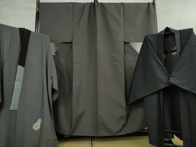 平和屋本店■極上 男性 お召 アンサンブル キングサイズ 長襦袢(袷)・長羽織セット 格子地紋 着物:藍墨茶色 羽織:藍鉄色 逸品 DZAB2193kh6