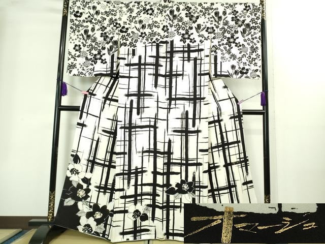平和屋本店●極上 訪問着 オマージュ 草花文 白×黒 金彩 逸品 DZAB2205kh6