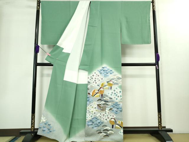 平和屋本店●極上 人間国宝・羽田登喜男 色留袖 鴛鴦7羽 薄青色地 暈し染め 金銀彩 阪急百貨店扱い 逸品 DZAB2206kh6