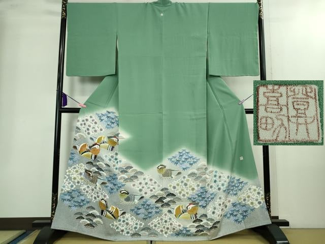 平和屋本店●極上 人間国宝・羽田登喜男 色留袖 鴛鴦7羽 薄青色地 暈し染め 金銀彩 阪急百貨店扱い 逸品 DZAB2206kh6