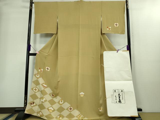 平和屋本店●極上 銀座 志ま亀 訪問着 宝尽くし 縮緬地 木蘭色地 たとう紙付き 逸品 未使用 DZAB2208kh6