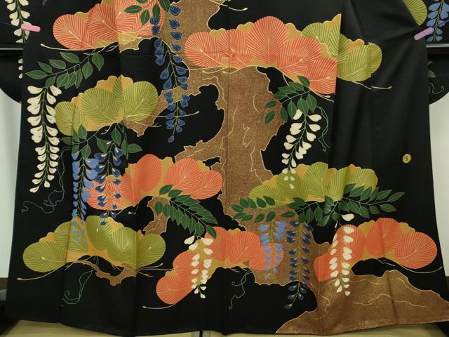 平和屋本店●極上 ジャパンオートクチュール 渡辺雪三郎 振袖 刺繍 松藤花房 黒地 金糸 逸品 DZAB2213kh6