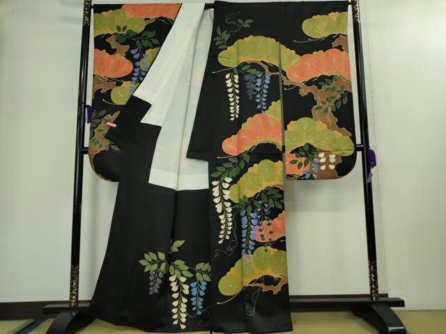 平和屋本店●極上 ジャパンオートクチュール 渡辺雪三郎 振袖 刺繍 松藤花房 黒地 金糸 逸品 DZAB2213kh6
