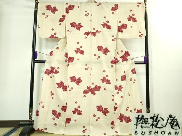 金魚 撫松庵 浴衣 aka 新品 撫松庵 型染金魚 綿絽 洗える夏着物