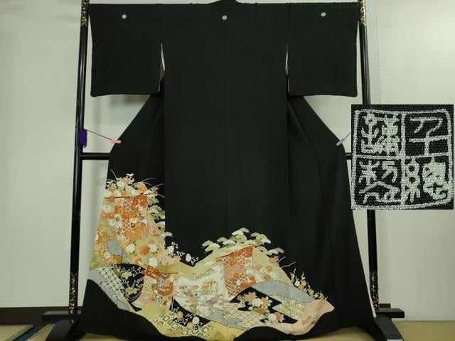平和屋本店●極上 創業460年・千總 黒留袖 駒刺繍 几帳鴛鴦吉祥花文 金彩 高島屋扱い 逸品 DZAB2293kh6