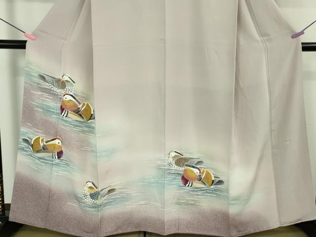平和屋本店●極上 人間国宝・羽田登喜男 色留袖 鴛鴦6羽 白藤色地 暈し染め 金銀彩 逸品 DZAB2294kh6