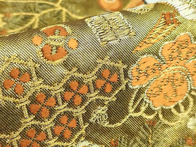 平和屋着物●極上 西陣 河合美術織物謹製 六通柄袋帯 唐織 豊明錦 飛鶴宝尽くし 黒地 金糸 逸品 DZAB2315kh6