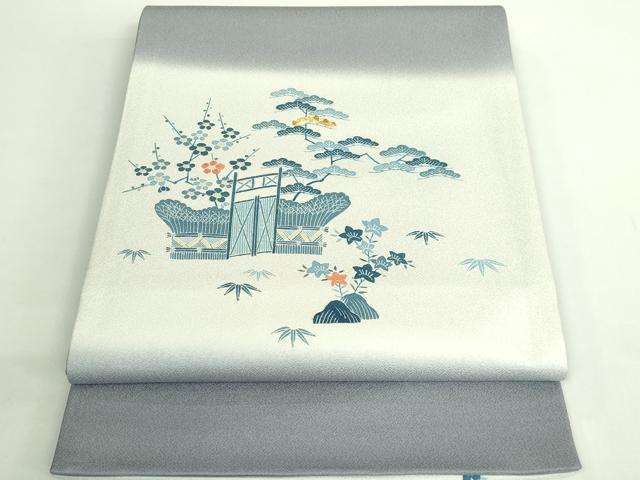 平和屋本店●極上　人間国宝　五代　田畑喜八　太鼓柄袋帯　駒刺繍　松竹梅　風景文　金糸　逸品　DZAB2319kh6 平和屋本店○極上 人間国宝 五代 田畑喜八 太鼓柄袋帯 駒刺繍 松竹梅