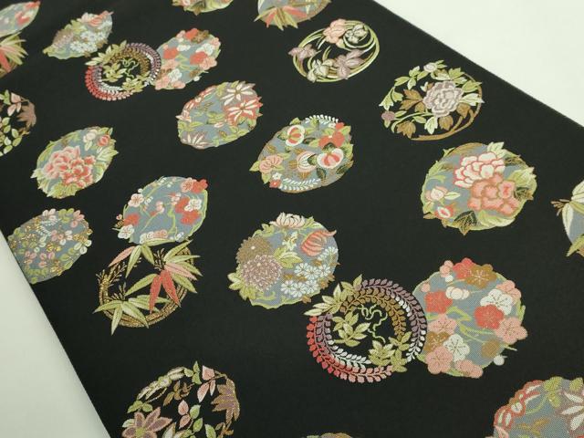 平和屋着物●極上 本場筑前博多織 草木染 手織工房 染匠:小森久 両面 全通柄袋帯 草木染 四季丸紋 黒地 金糸 証紙付き 逸品 DZAB2325kh6