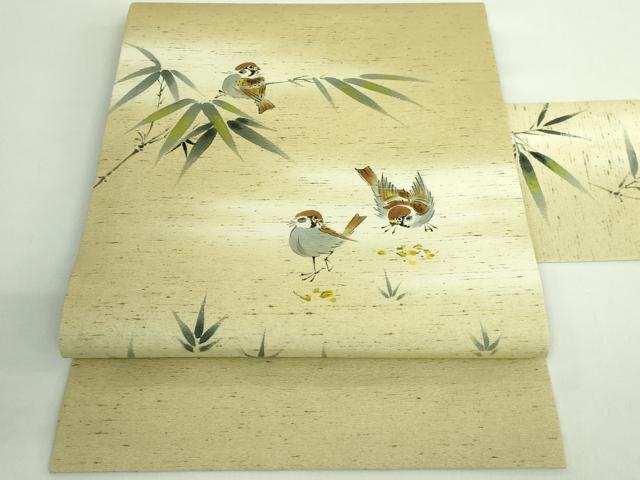 平和屋着物●極上 九寸名古屋帯 紬地 手描き 雀 逸品 DZAB2342kh6