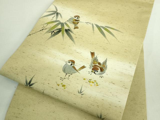 平和屋着物●極上 九寸名古屋帯 紬地 手描き 雀 逸品 DZAB2342kh6