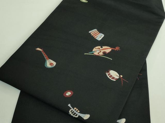 平和屋着物●極上 九寸名古屋帯 楽器文 黒地 逸品 DZAB2345kh6