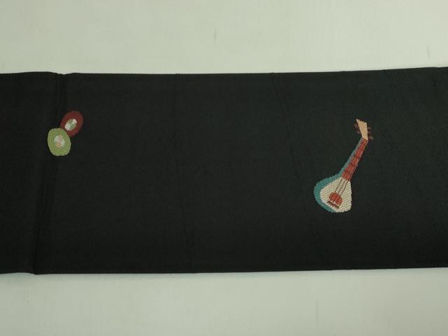 平和屋着物●極上 九寸名古屋帯 楽器文 黒地 逸品 DZAB2345kh6