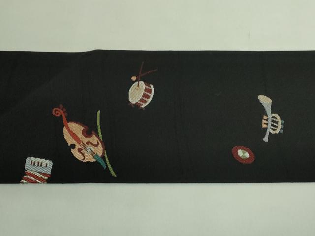 平和屋着物●極上 九寸名古屋帯 楽器文 黒地 逸品 DZAB2345kh6