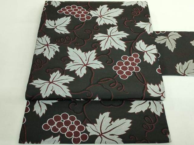 平和屋着物●極上 九寸名古屋帯 葡萄蔦の葉文 黒地 逸品 DZAB2397kh6