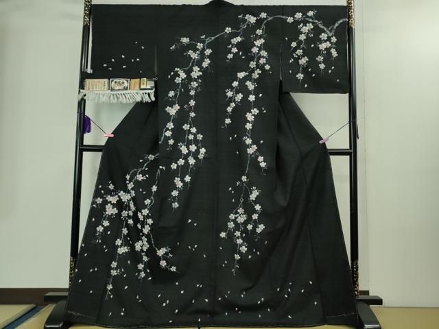 平和屋本店●極上 石川県指定無形文化財 牛首紬 白山工房 手織り 訪問着 手描き 枝桜 黒地 証紙付き 逸品 DZAB2413kh6