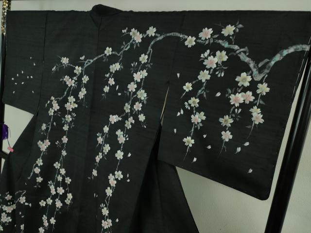 平和屋本店●極上 石川県指定無形文化財 牛首紬 白山工房 手織り 訪問着 手描き 枝桜 黒地 証紙付き 逸品 DZAB2413kh6
