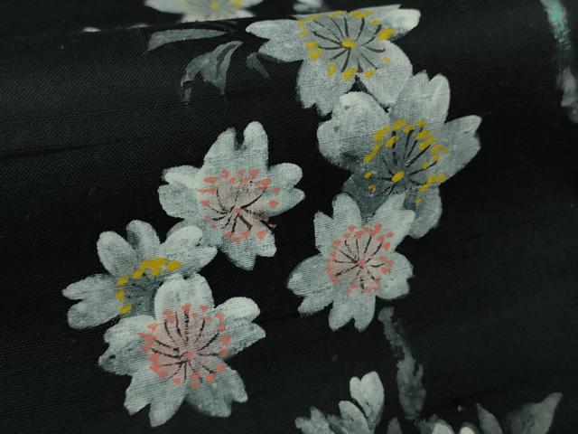 平和屋本店●極上 石川県指定無形文化財 牛首紬 白山工房 手織り 訪問着 手描き 枝桜 黒地 証紙付き 逸品 DZAB2413kh6