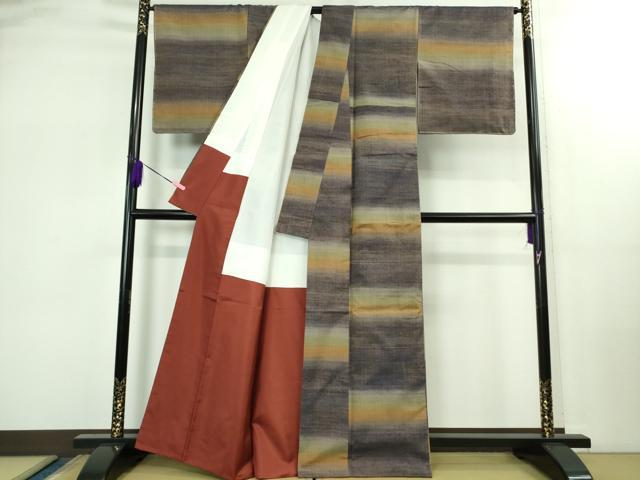 平和屋本店●極上 郡上紬 草木染 横段文 反端付き 逸品 DZAB2418kh6