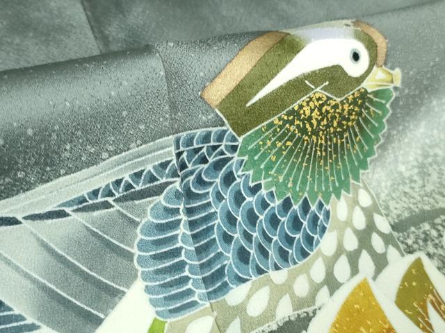 平和屋本店●極上 人間国宝・羽田登喜男 訪問着 鴛鴦 御召御納戸色地 暈し染め 金銀彩 反端付き 逸品 DZAB2426kh6