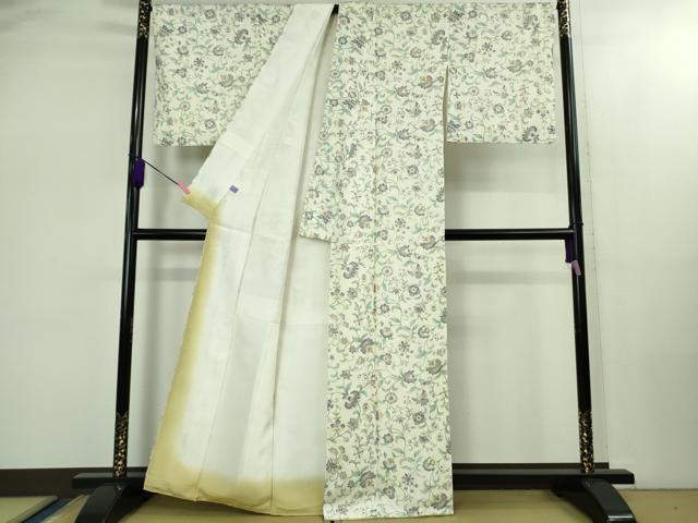 平和屋本店●極上 岡重謹製 OKAJIMA 小紋 伊と幸 更紗花文 象牙色地 金彩 反端付き 逸品 DZAB2436kh6