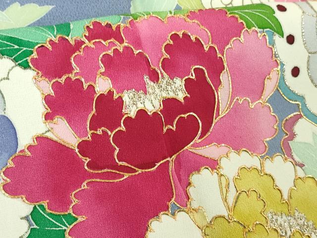 平和屋本店●極上 創業460年・千總 振袖・長襦袢(無双仕立て)セット 駒刺繍 舞蝶鴛鴦花文 青藤色地 金彩 高島屋扱い 逸品 DZAB2439kh6