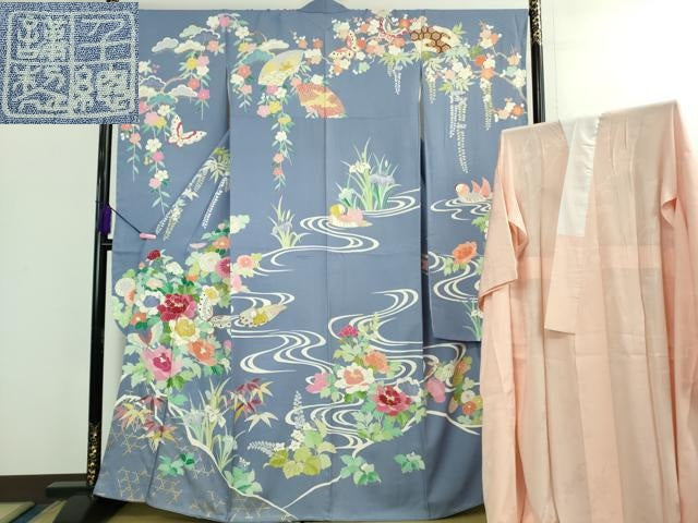 平和屋本店●極上　創業460年・千總 振袖・長襦袢(無双仕立て)セット 駒刺繍 舞蝶鴛鴦花文 青藤色地　金彩　高島屋扱い　逸品　DZAB2439kh6 平和屋本店○極上 創業460年・千總 振袖 駒刺繍 扇面花文 紺青色地