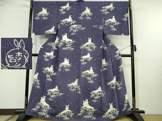 平和屋本店●極上 人形作家・ホリヒロシ 付下げ 雪兎 南天 紺藍色地 鬼しぼ縮緬 逸品 DZAB2447kh6