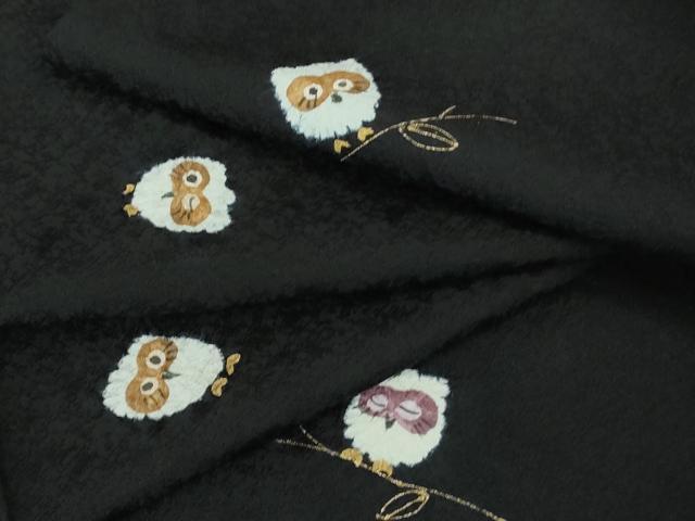 平和屋着物●極上 小紋 手描き ふくろう 梟 黒地 金彩 ロング丈 逸品 未使用 DZAB2467kh6