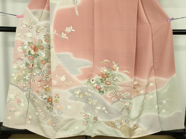 平和屋本店●極上 創業460年・千總 訪問着 吉祥花文 薄紅色地 暈し染め 阪急百貨店扱い 逸品 DZAB2473kh6
