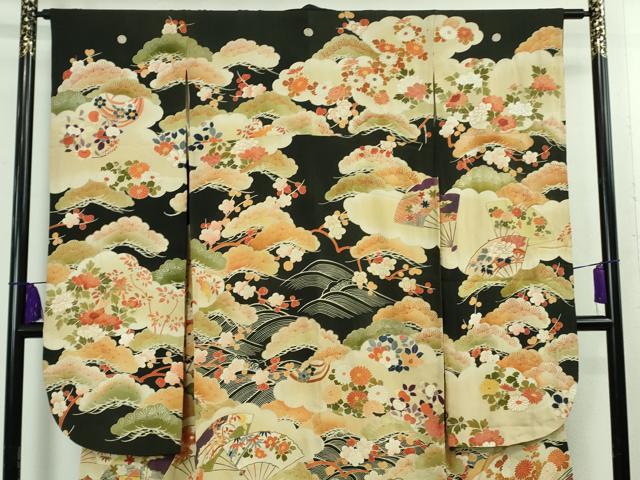 平和屋着物●極上 アンティーク 大正ロマン 振袖 駒刺繍 扇面吉祥花文 黒地 金彩 逸品 DZAB2482kh6