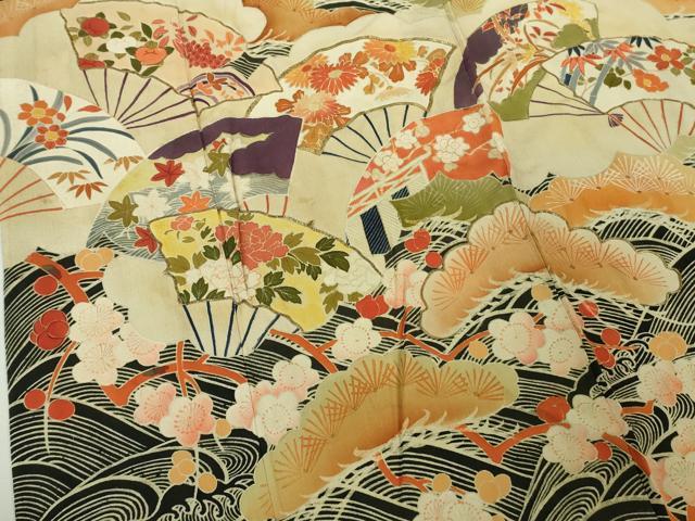 平和屋着物●極上 アンティーク 大正ロマン 振袖 駒刺繍 扇面吉祥花文 黒地 金彩 逸品 DZAB2482kh6