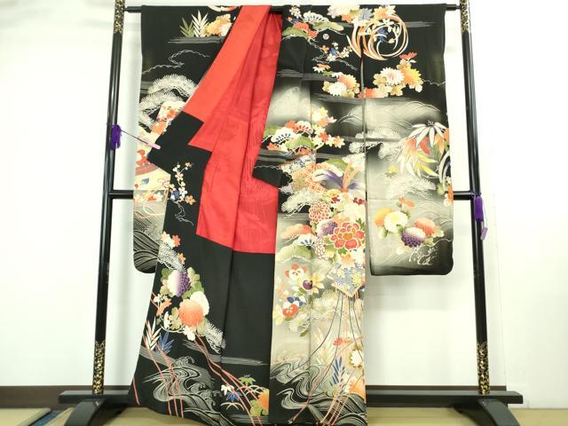 平和屋着物●極上 アンティーク 大正ロマン 振袖 駒刺繍 御所車 花薬玉 黒地 暈し染め 金彩 逸品 DZAB2484kh6