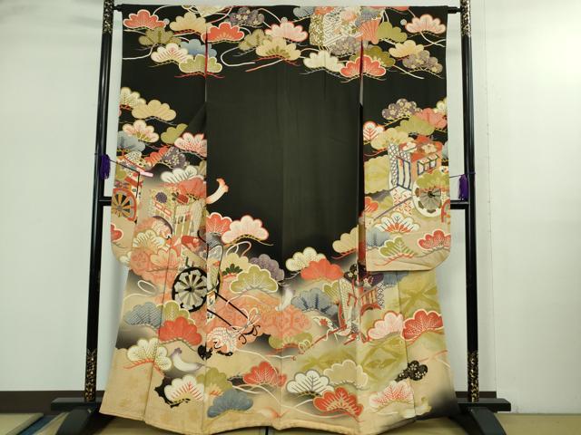 平和屋着物●極上 アンティーク 大正ロマン 振袖 駒刺繍 御所車松文 黒地 暈し染め 金糸 逸品 DZAB2485kh6