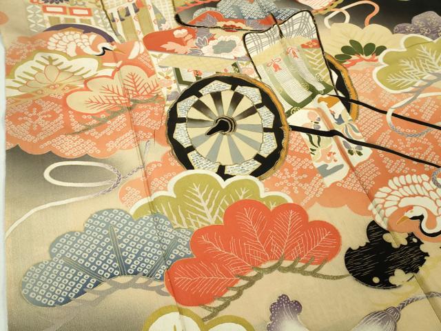 平和屋着物●極上 アンティーク 大正ロマン 振袖 駒刺繍 御所車松文 黒地 暈し染め 金糸 逸品 DZAB2485kh6