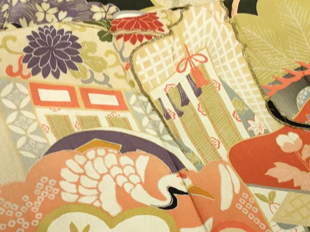平和屋着物●極上 アンティーク 大正ロマン 振袖 駒刺繍 御所車松文 黒地 暈し染め 金糸 逸品 DZAB2485kh6
