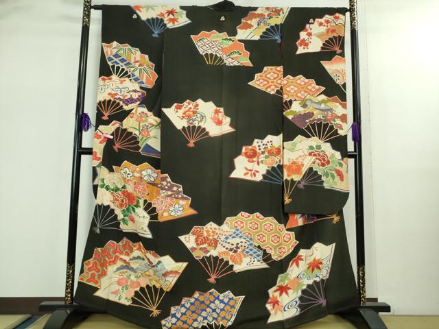 平和屋着物●極上 アンティーク 大正ロマン 振袖 駒刺繍 扇面吉祥花文 黒地 金銀糸 逸品 DZAB2486kh6