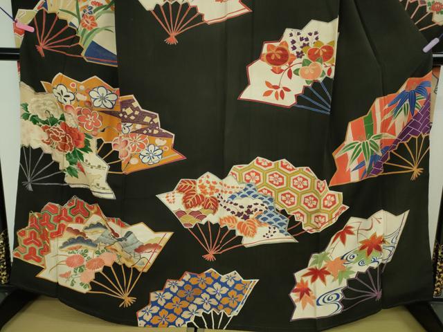 平和屋着物●極上 アンティーク 大正ロマン 振袖 駒刺繍 扇面吉祥花文 黒地 金銀糸 逸品 DZAB2486kh6