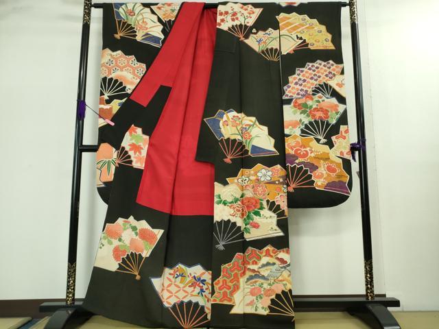 平和屋着物●極上 アンティーク 大正ロマン 振袖 駒刺繍 扇面吉祥花文 黒地 金銀糸 逸品 DZAB2486kh6